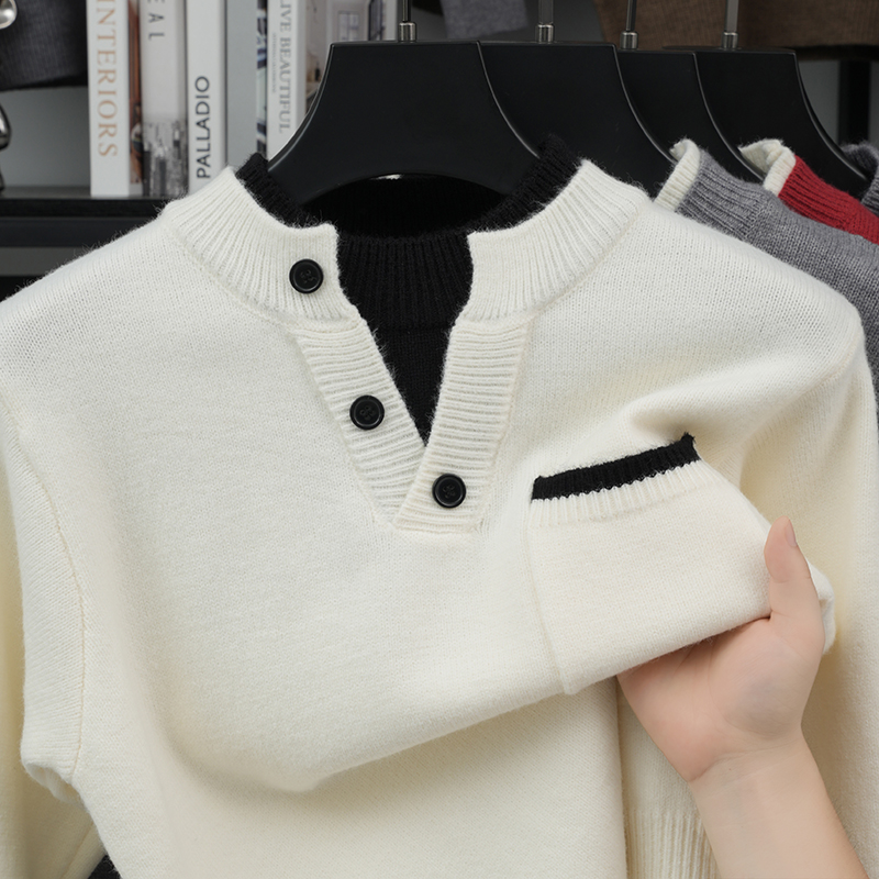 Men'S Fashion V Neck Sweater - Мужской вязаный пуловер с эффектом двухслойности,