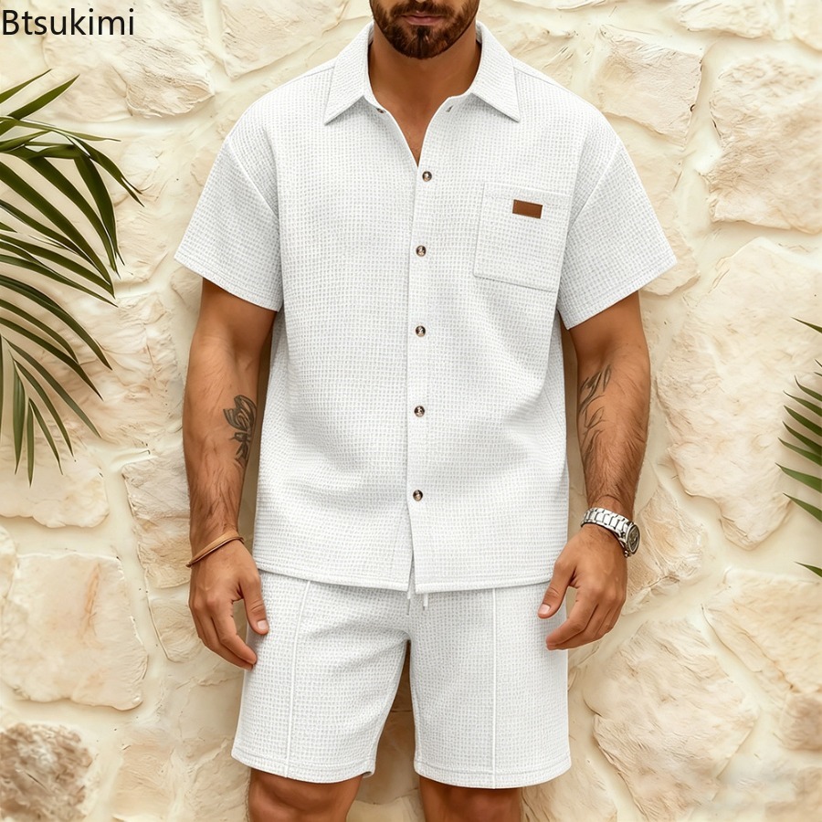 Men'S Fashion Color - Мужской повседневный комплект из вафельной ткани: