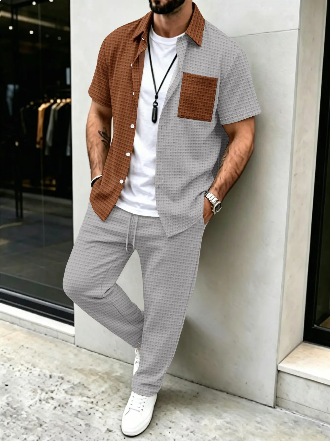 Men'S Fashion Color - Мужской комплект: рубашка с вафельным узором