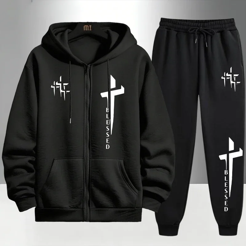 Men'S Fashion Zipper Hoodie - Мужской спортивный костюм с принтом «Крест-Благословение»:
