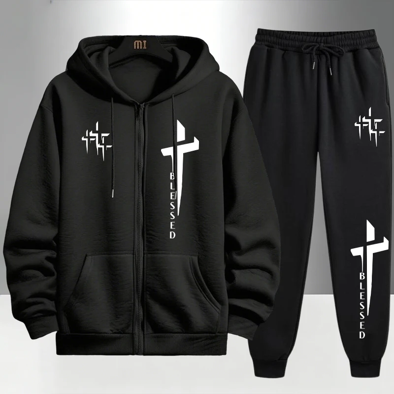 Men'S Fashion Zipper Hoodie - Мужской спортивный костюм с принтом Cross